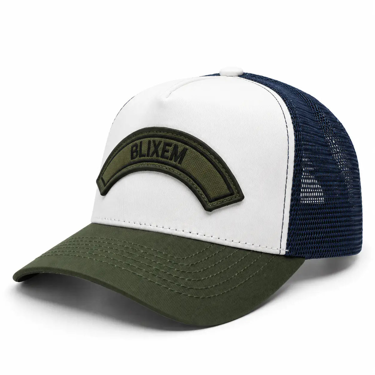 BLIXEM - Brim Trucker Cap White, Olive Green & Navy Trucker Cap with BLIXEM Embroidery Patch