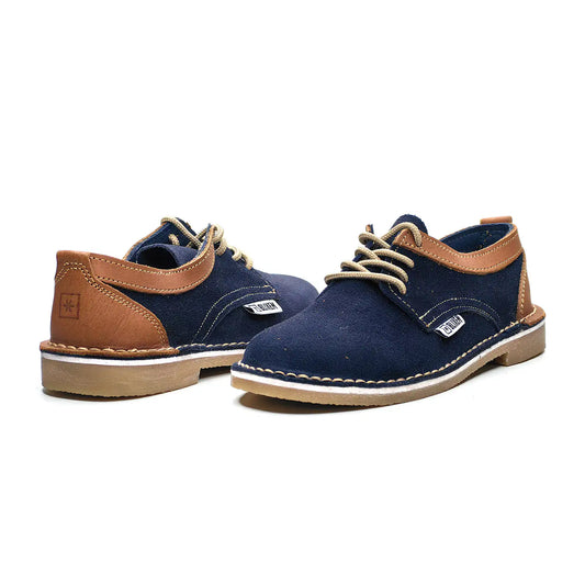 Pair of blue and brown shoes on a white background