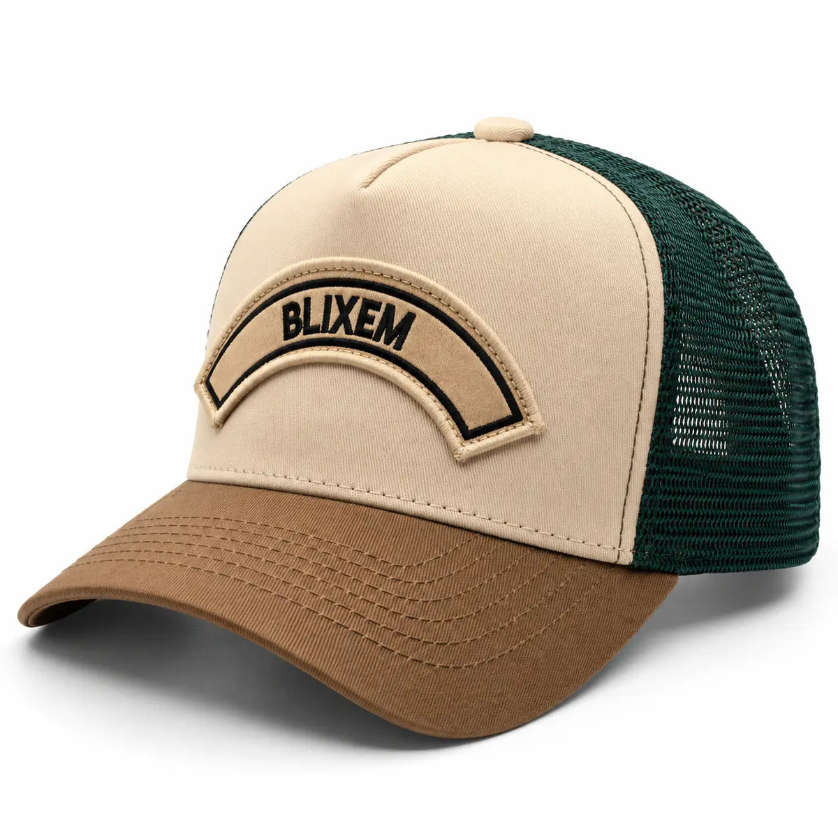 BLIXEMKhaki-BrimTruckerCap - Tan, Khaki, & Olive green Trucker Cap with BLIXEM