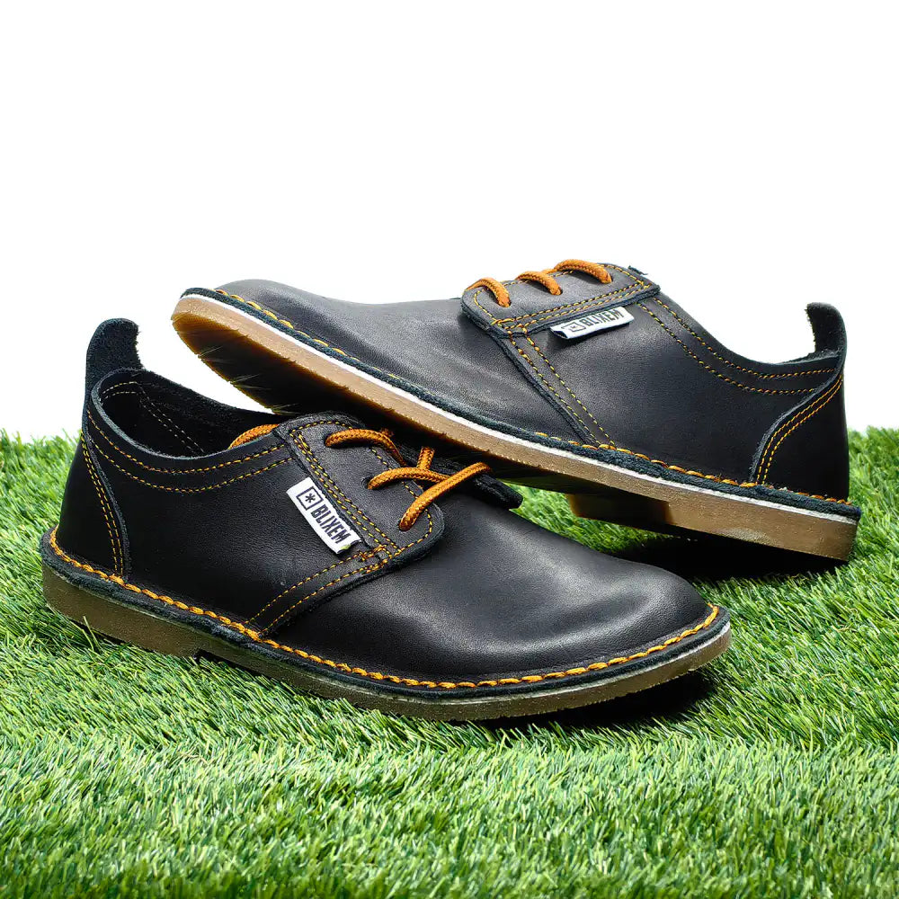 Pair of black leather shoes with copper gold accents on a grass background