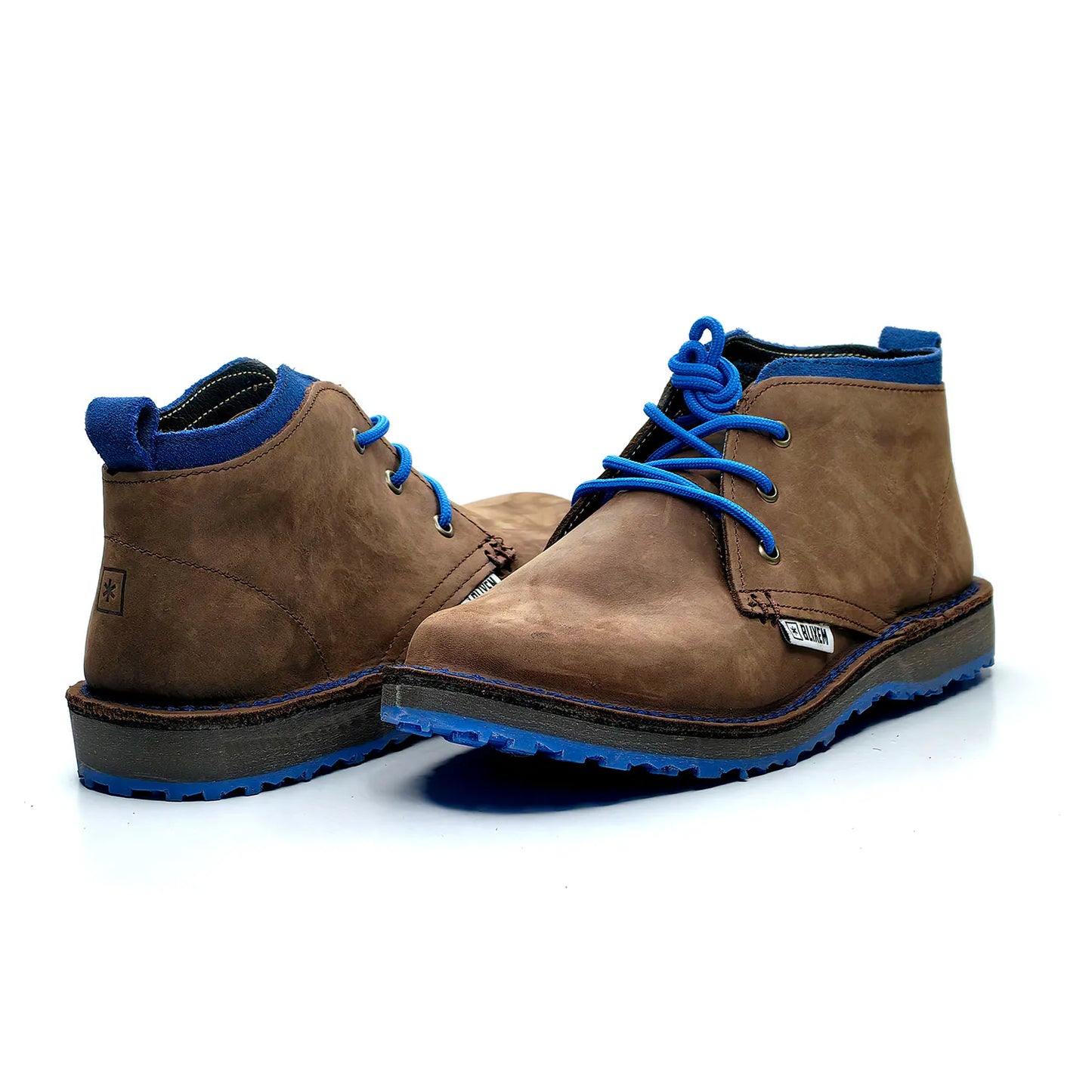 Brown boots with blue laces on a white background