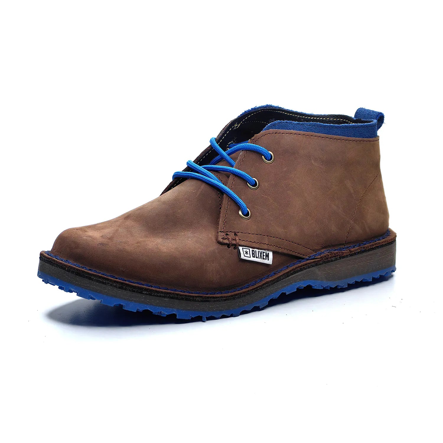 Brown leather boot with blue laces on a white background