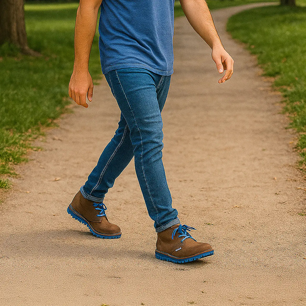 Person walking on a path wearing blue jeans and Blou Bul brown boots with blue laces.