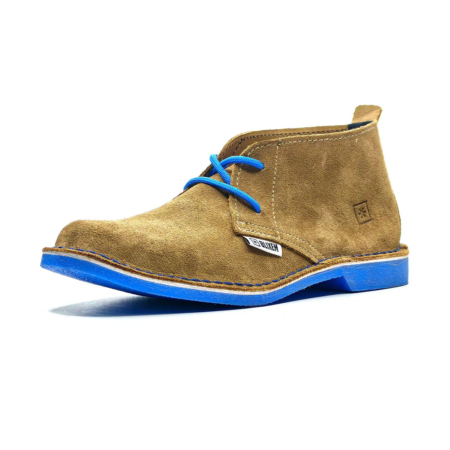 Brown suede shoe with blue sole on a white background