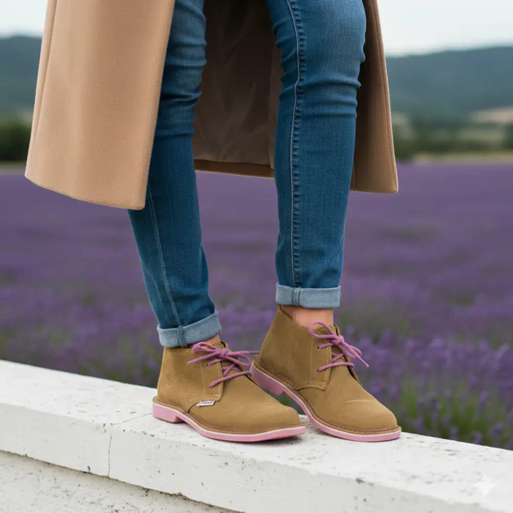 Boere Nooi Ladies Vellies | Light Brown & Pink