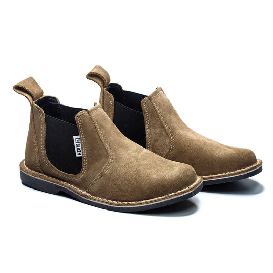 Pair of brown suede shoes on a white background