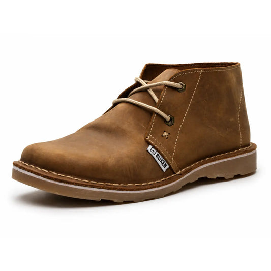 Brown leather boot with lace-up design on a white background