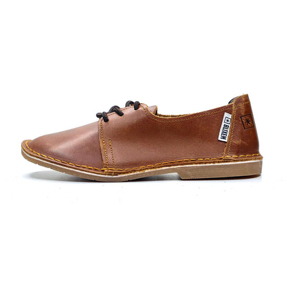 Brown leather shoe with black laces on a white background