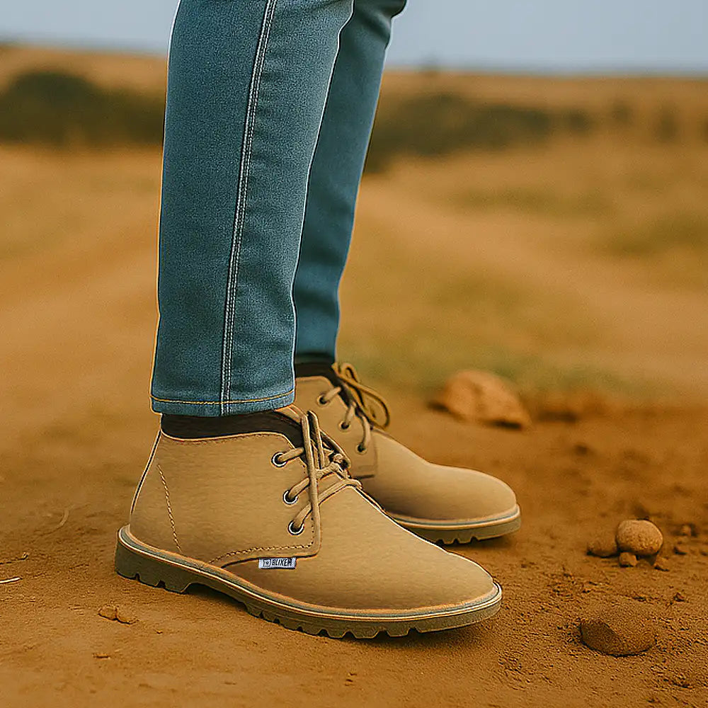 Tan boots and blue jeans on a desert background