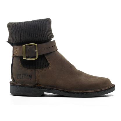 Brown leather boot with a buckle on a white background