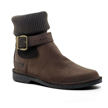 Brown leather boot with a buckle on a white background