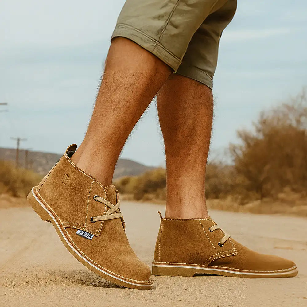 Person wearing brown suede shoes with a desert landscape background