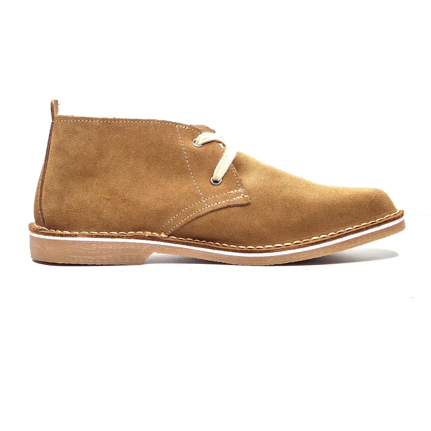 Tan suede desert boot on a white background